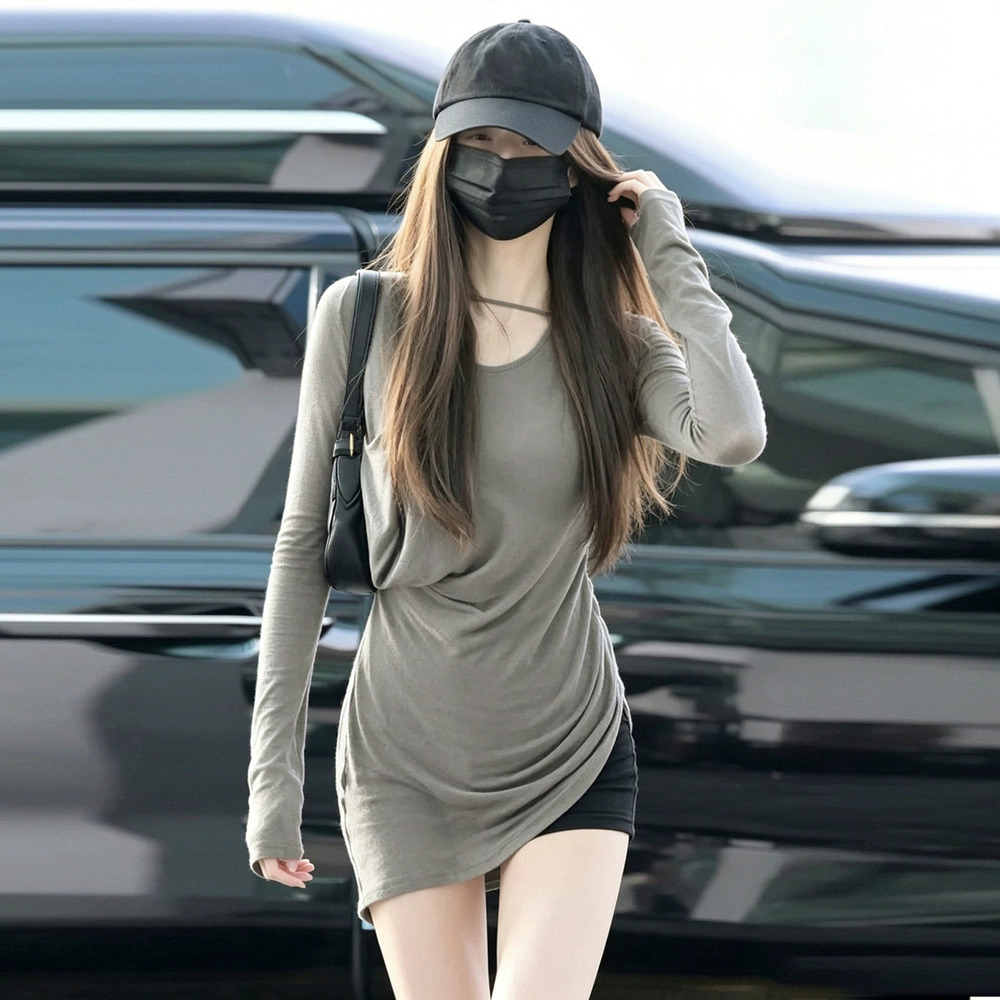 Zara Jang Wonyoung Style Solid Long Sleeve Irregular Cutout Layering Tee